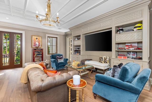 bar featuring beam ceiling, a wealth of natural light, light hardwood / wood-style floors, and ornamental molding