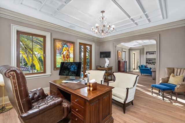 office area featuring coffered ceiling, a notable chandelier, crown molding, and light hardwood / wood-style flooring