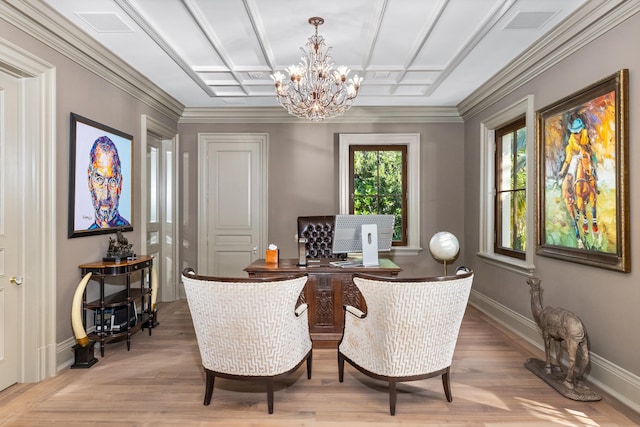 dining room featuring ornamental molding, light hardwood / wood-style floors, and a notable chandelier