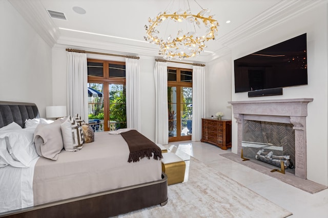 bedroom with access to outside, french doors, a chandelier, and ornamental molding