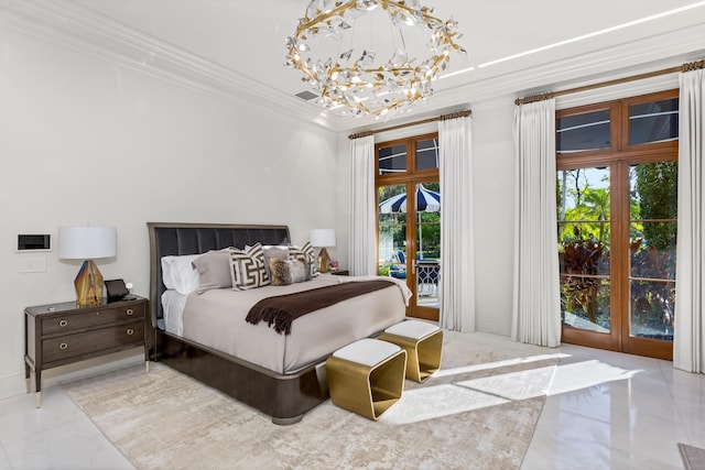 bedroom featuring crown molding, access to outside, and multiple windows