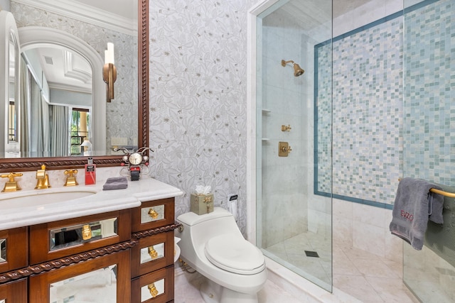 bathroom featuring crown molding, toilet, vanity, and walk in shower