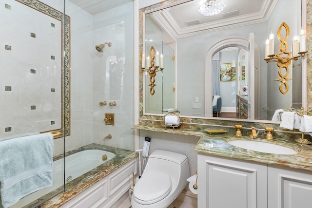 full bathroom featuring shower with separate bathtub, vanity, toilet, and crown molding