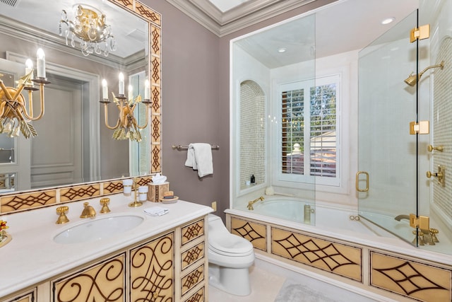 bathroom featuring vanity, tile patterned floors, crown molding, toilet, and a chandelier