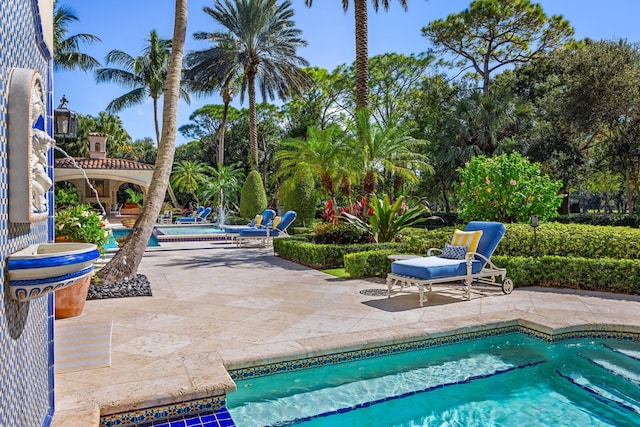 view of swimming pool featuring a patio