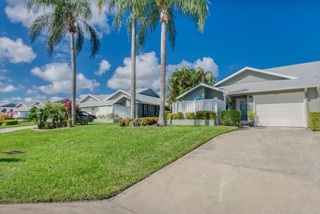 ranch-style home featuring a garage and a front lawn