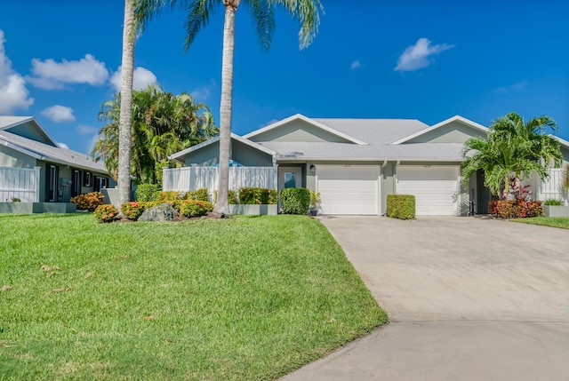 ranch-style house featuring a garage and a front lawn