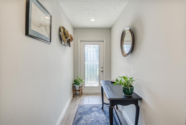 entryway featuring a healthy amount of sunlight, a textured ceiling, and light hardwood / wood-style floors