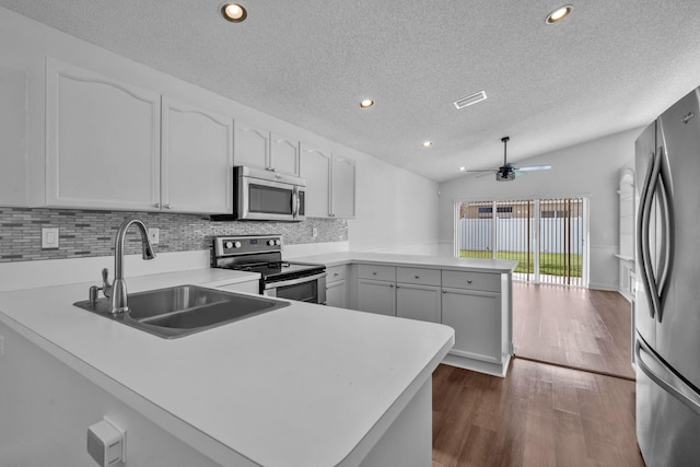 kitchen with lofted ceiling, dark wood-type flooring, sink, kitchen peninsula, and stainless steel appliances