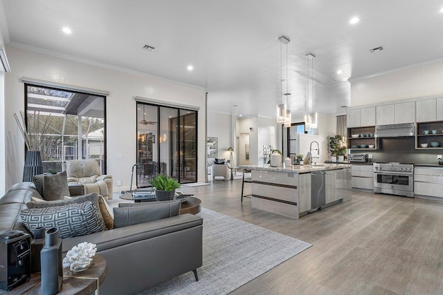 kitchen with hanging light fixtures, stainless steel appliances, crown molding, a center island with sink, and light wood-type flooring