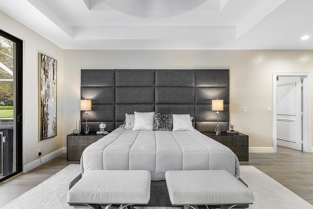 bedroom featuring light hardwood / wood-style floors and a raised ceiling