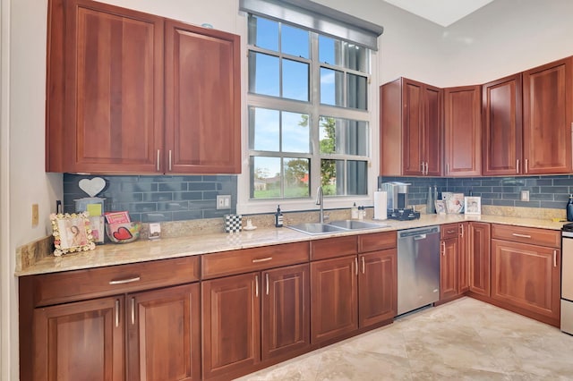 kitchen featuring light stone countertops, sink, stainless steel dishwasher, white range, and decorative backsplash