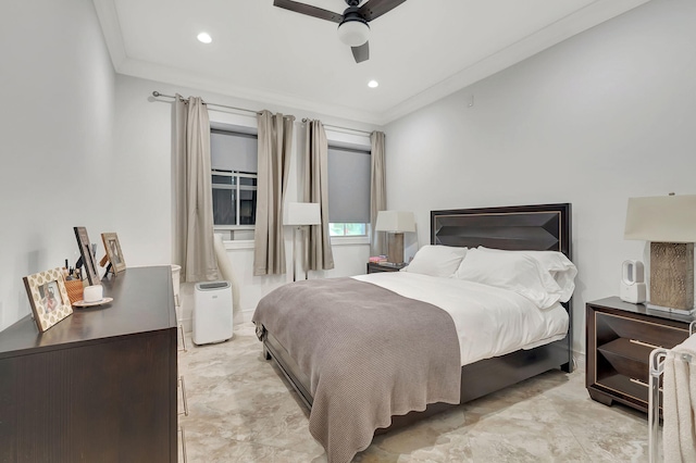 bedroom with ceiling fan and crown molding