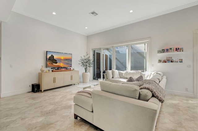 living room with ornamental molding