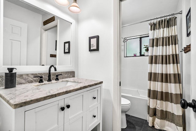 full bathroom featuring shower / bath combo, toilet, and vanity