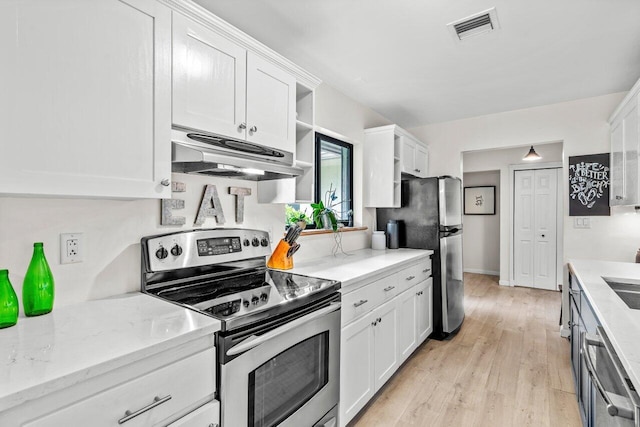 kitchen featuring light stone counters, light wood-type flooring, white cabinetry, and stainless steel appliances