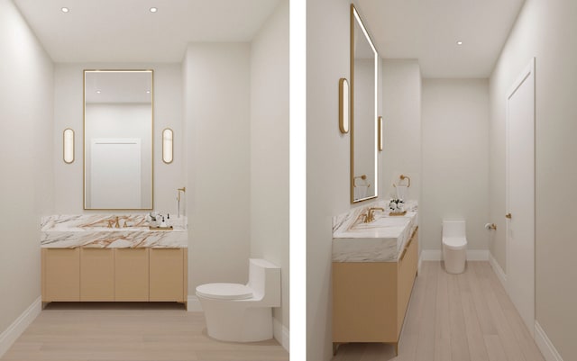 bathroom featuring hardwood / wood-style flooring, vanity, and toilet