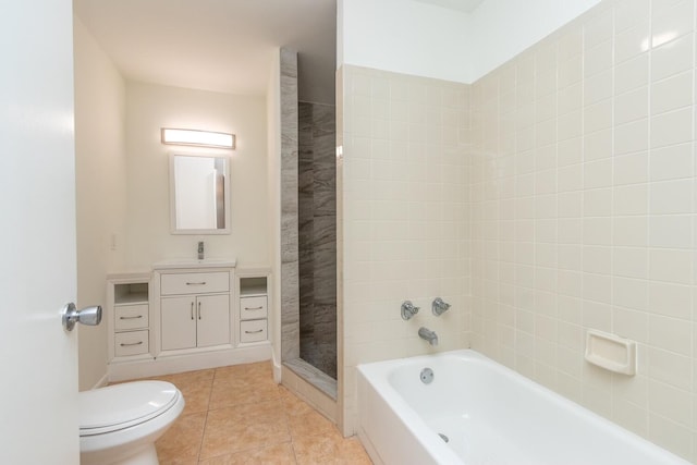 full bathroom with toilet, vanity, tile patterned floors, and plus walk in shower