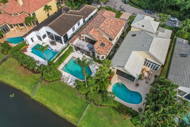 aerial view featuring a water view