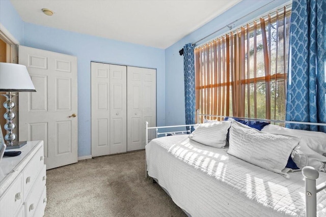 carpeted bedroom with a closet