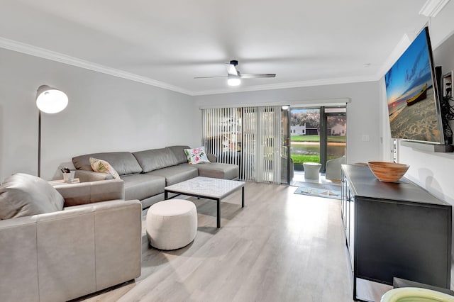 living room with ceiling fan, light hardwood / wood-style floors, and ornamental molding