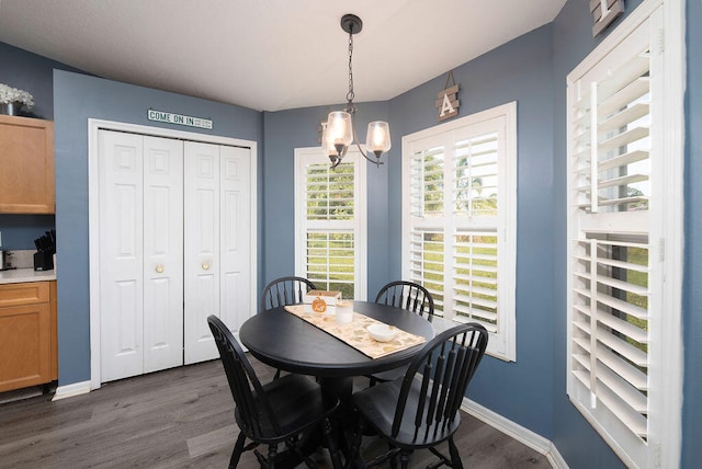 dining area with dark hardwood / wood-style flooring and a notable chandelier