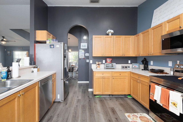 kitchen with ceiling fan, appliances with stainless steel finishes, light brown cabinetry, and light hardwood / wood-style floors