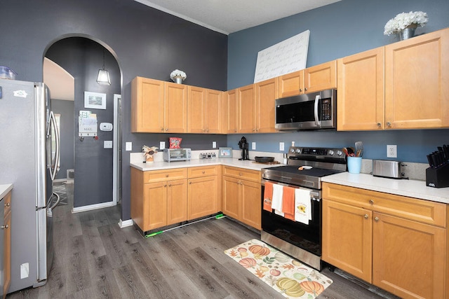 kitchen with a towering ceiling, decorative light fixtures, stainless steel appliances, dark wood-type flooring, and light brown cabinets