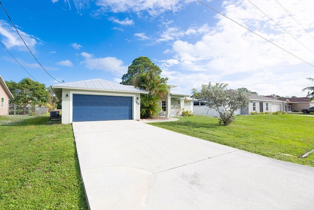 single story home with a garage and a front lawn