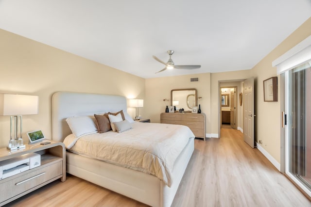 bedroom with ceiling fan and light hardwood / wood-style flooring