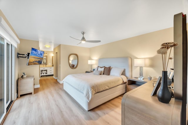 bedroom featuring ceiling fan and light hardwood / wood-style flooring