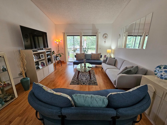 living room featuring vaulted ceiling, a textured ceiling, and wood finished floors