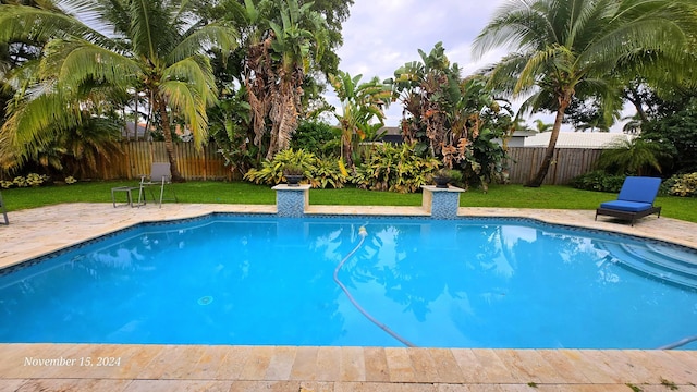 view of swimming pool with a patio area and a lawn