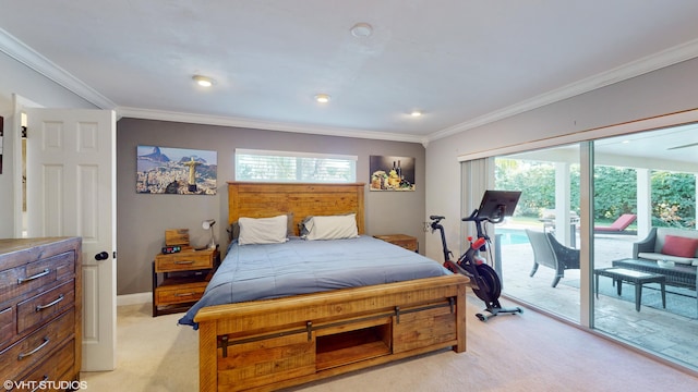 bedroom featuring access to outside, light colored carpet, and ornamental molding