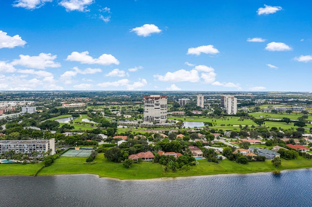 bird's eye view with a water view