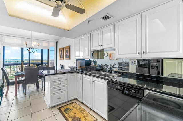 kitchen featuring white cabinetry, dishwasher, sink, pendant lighting, and light tile patterned floors