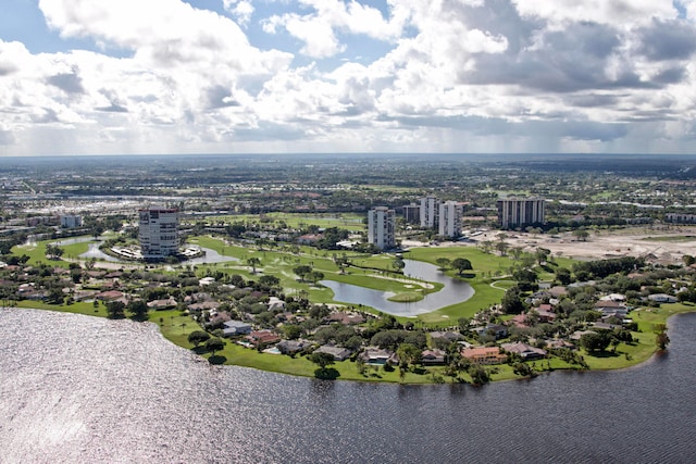 birds eye view of property featuring a water view