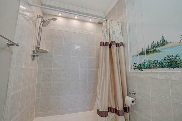 bathroom featuring a shower with curtain and ornamental molding