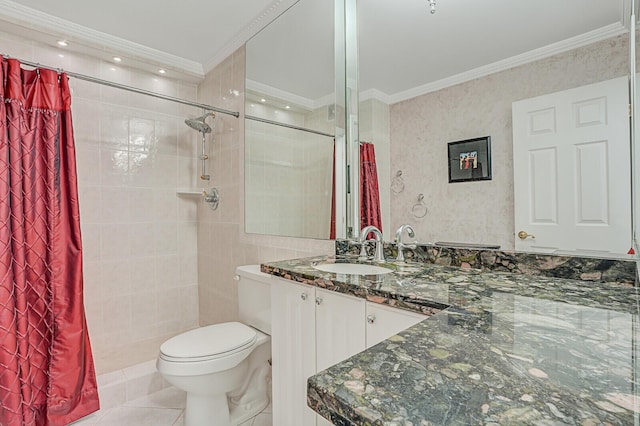 bathroom with walk in shower, vanity, crown molding, tile patterned flooring, and toilet