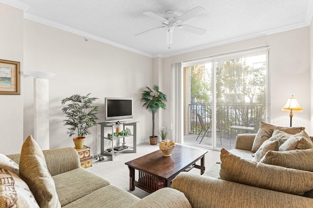 carpeted living room featuring ceiling fan, a textured ceiling, and ornamental molding