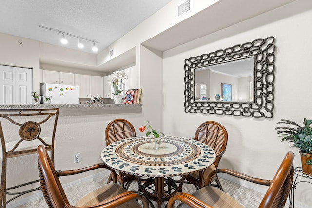 dining space with rail lighting and a textured ceiling