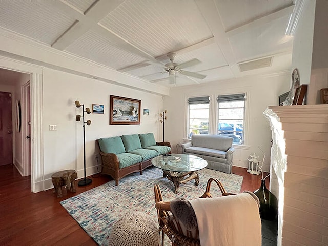 living room with beamed ceiling, ceiling fan, dark wood-type flooring, and coffered ceiling