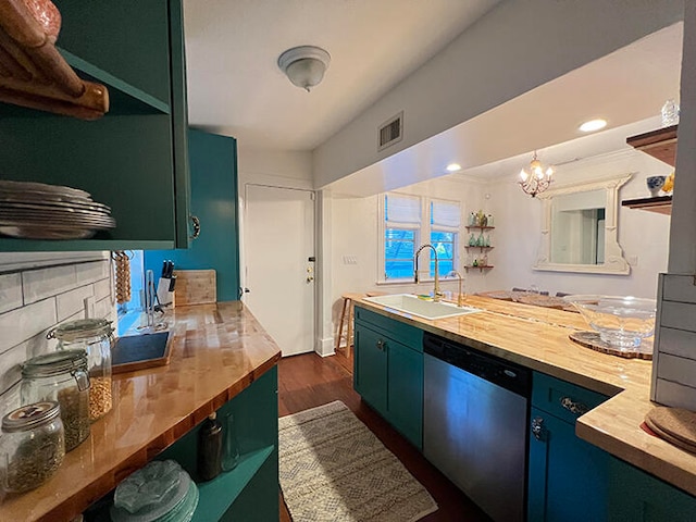 kitchen with dishwasher, sink, an inviting chandelier, dark hardwood / wood-style flooring, and butcher block countertops