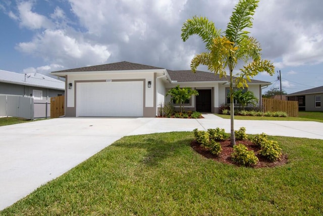 single story home featuring a garage and a front lawn