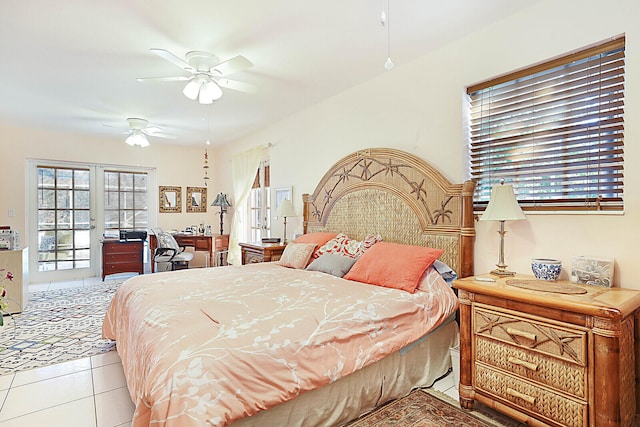 bedroom featuring ceiling fan, light tile patterned flooring, and french doors