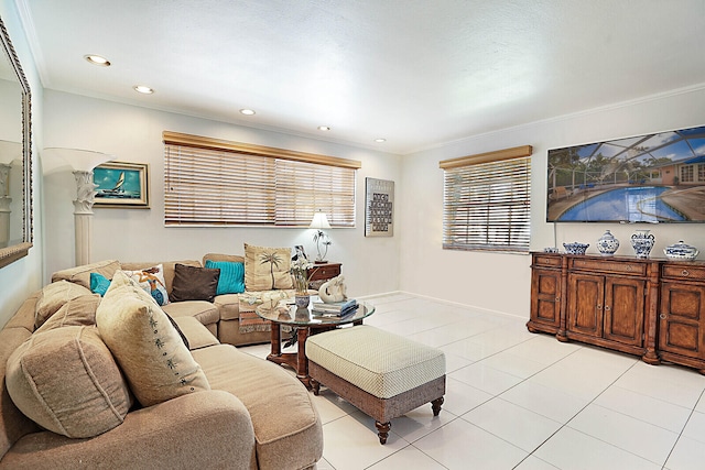 tiled living room featuring ornamental molding