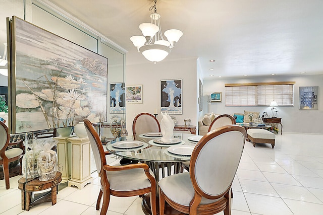 tiled dining area featuring a notable chandelier