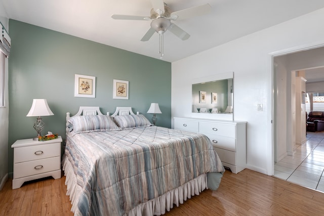 bedroom with ceiling fan and light wood-type flooring