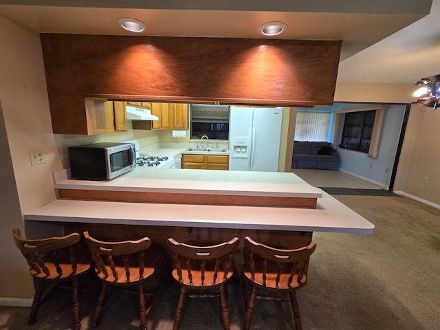 kitchen with sink, a kitchen breakfast bar, kitchen peninsula, light carpet, and appliances with stainless steel finishes