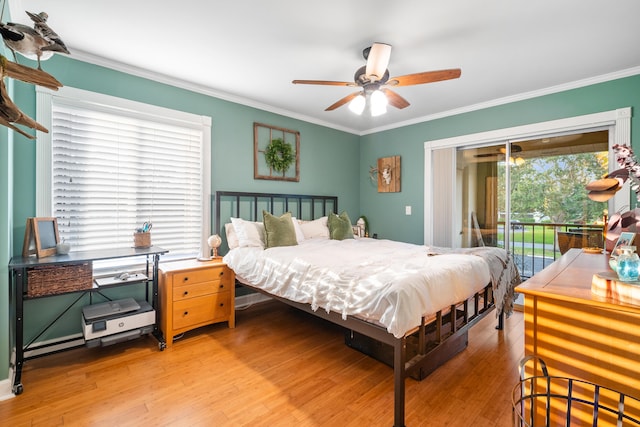 bedroom with access to outside, light hardwood / wood-style flooring, ceiling fan, and crown molding